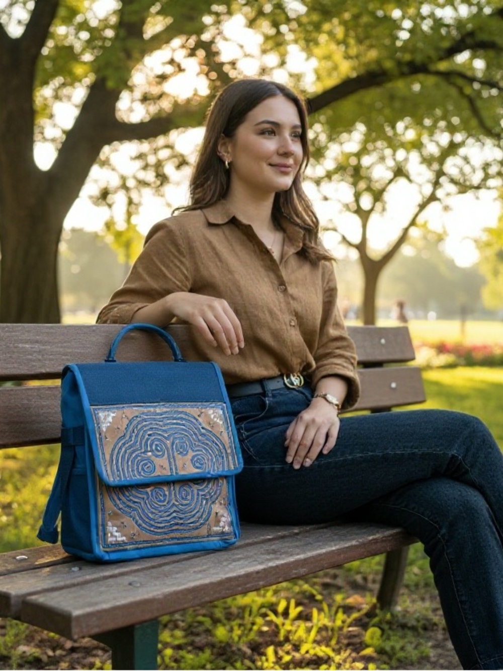 Blue and Tan Embroidered Canvas ladies crossbody - Picture 2 of 3